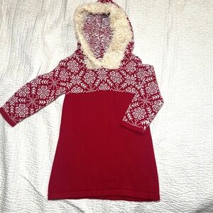L.L. BEAN Little Girls red sweater dress. Sherpa-edge hood. Size 12-18 months